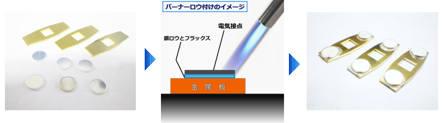 バーナーロー付け(ロウ付け)のイメージ(電気接点のロー(ロウ、ろう)付けを承ります。